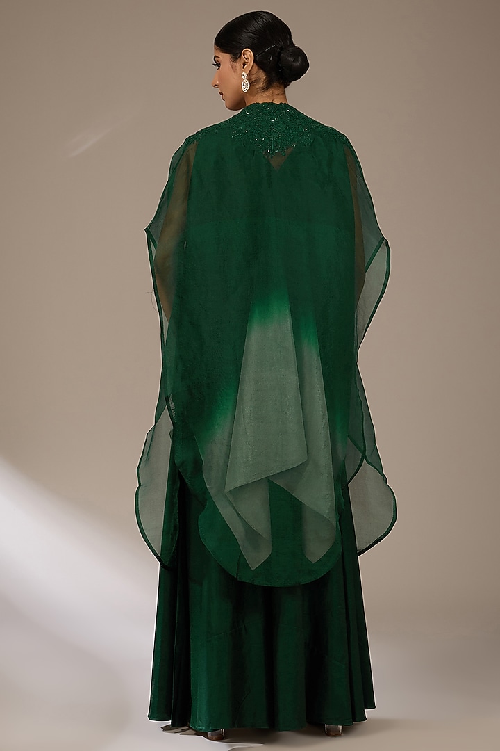 Bottle Green Organza Resham Work Handkerchief Cape Set by Prisho at Pernia's Pop Up Shop