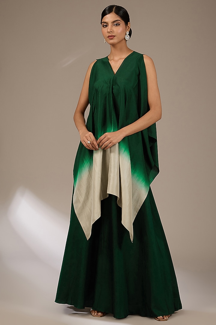 Bottle Green Organza Resham Work Handkerchief Cape Set by Prisho at Pernia's Pop Up Shop
