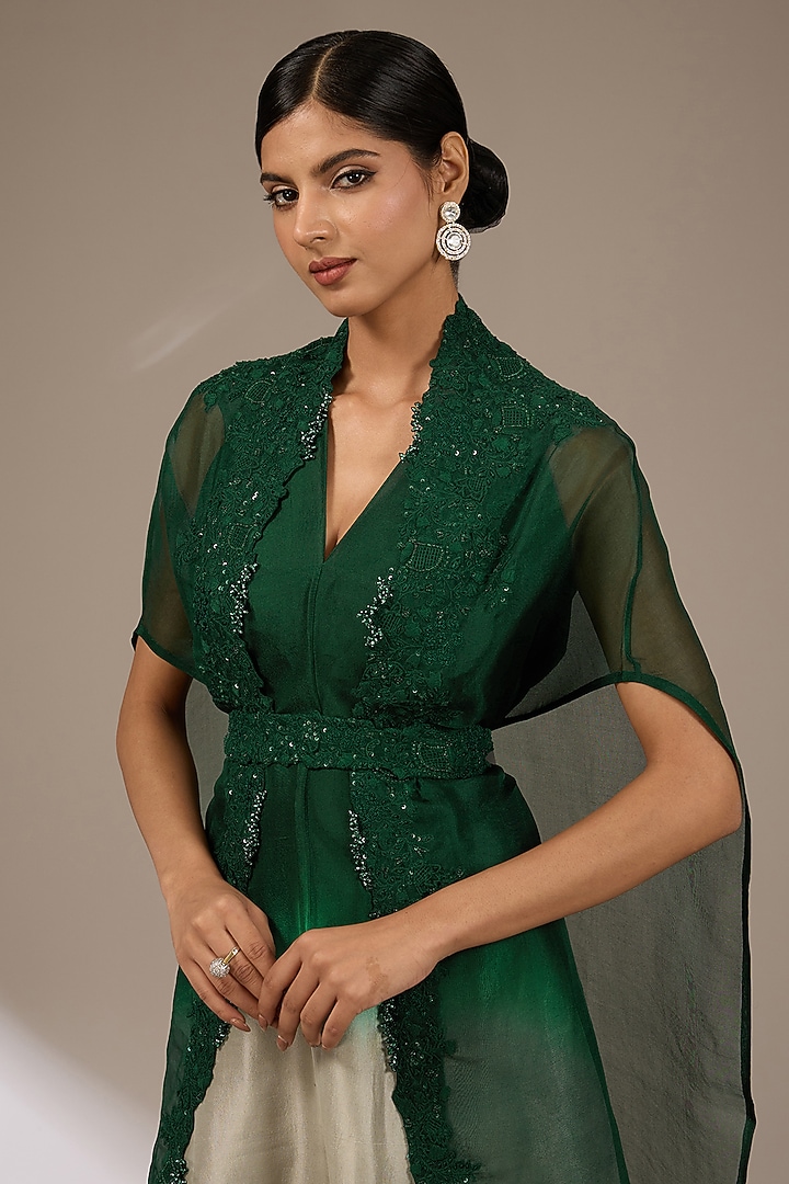 Bottle Green Organza Resham Work Handkerchief Cape Set by Prisho at Pernia's Pop Up Shop