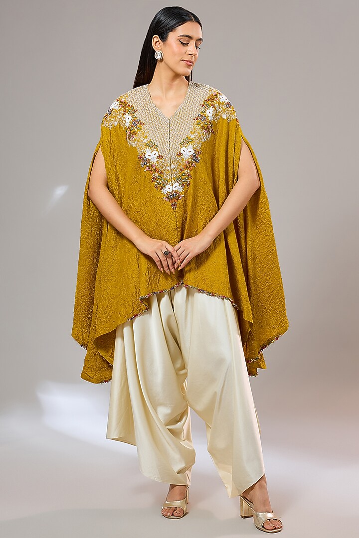 Mustard Silk Crush Thread Work Kaftan Set by Prisho at Pernia's Pop Up Shop