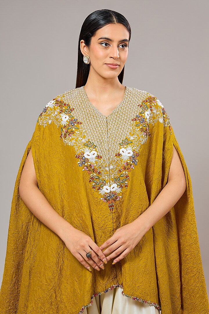 Mustard Silk Crush Thread Work Kaftan Set by Prisho at Pernia's Pop Up Shop