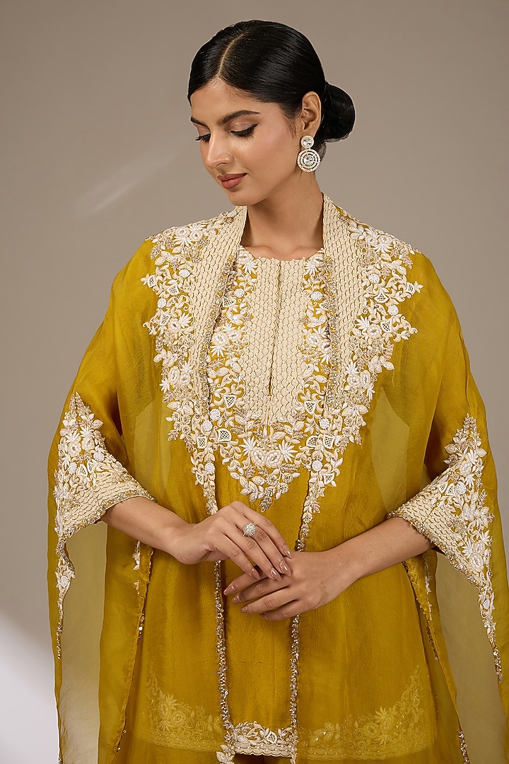 Mustard Organza Resham Work Cape Set by Prisho at Pernia's Pop Up Shop