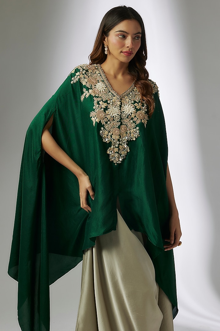 Bottle Green Silk Resham Work Kaftan Set by Prisho at Pernia's Pop Up Shop