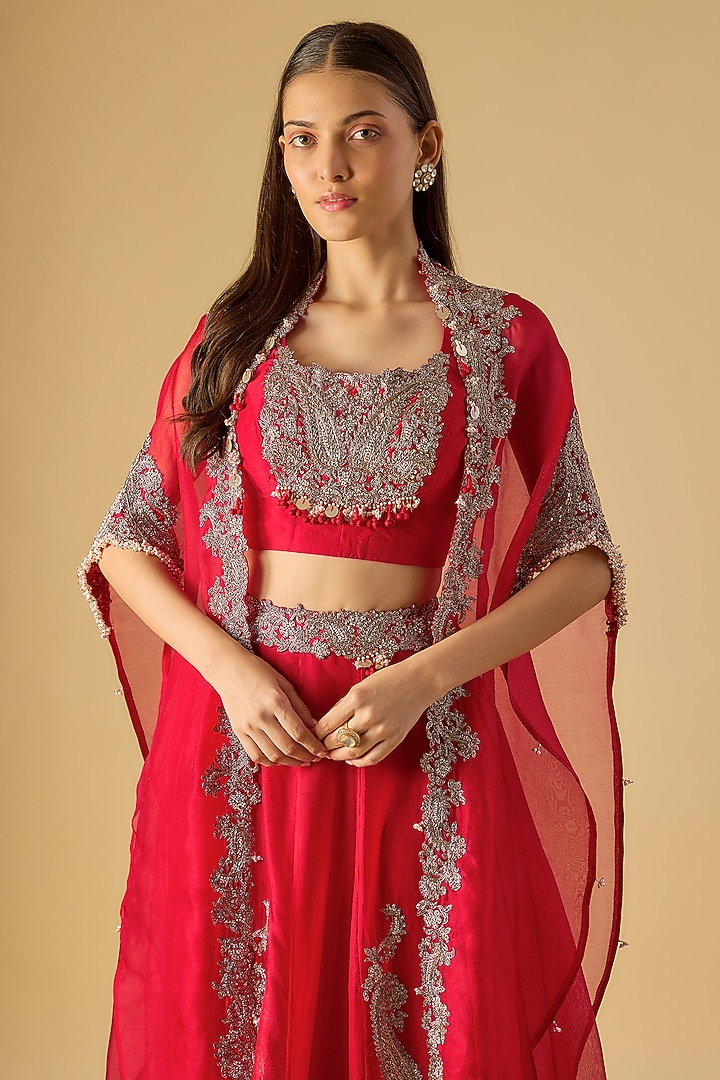 Red Organza Maal Work Cape Set by Prisho at Pernia's Pop Up Shop