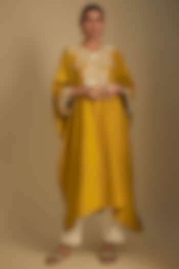 Mustard Silk 3D Floral Work Kaftan Set by Prisho at Pernia's Pop Up Shop