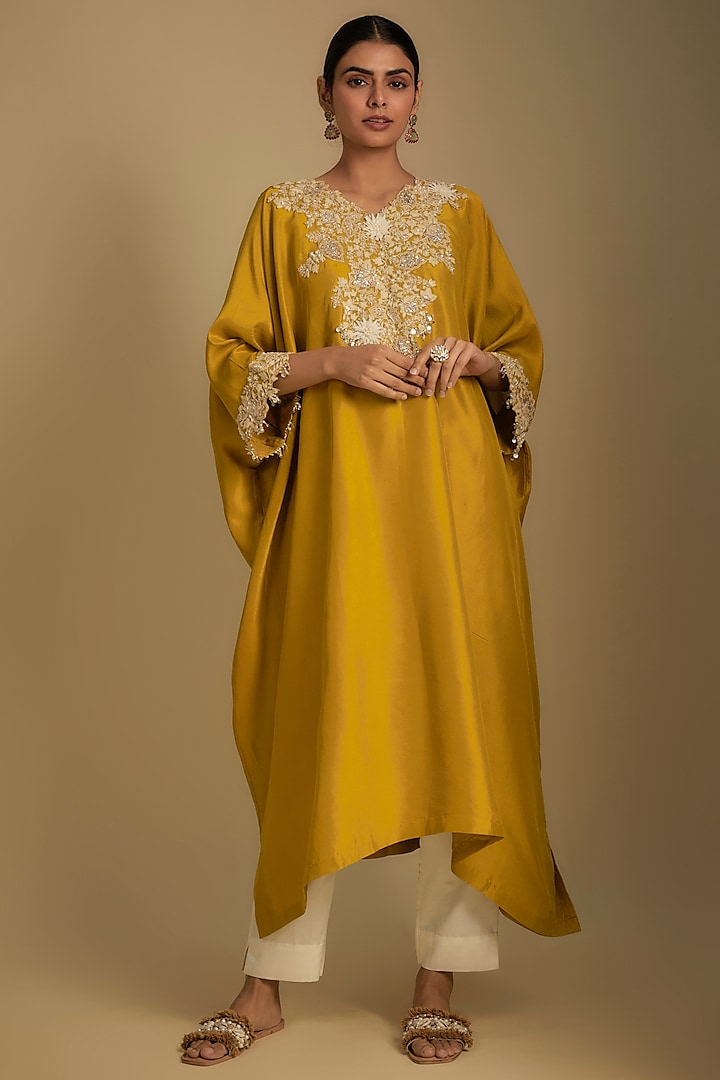 Mustard Silk 3D Floral Work Kaftan Set by Prisho at Pernia's Pop Up Shop