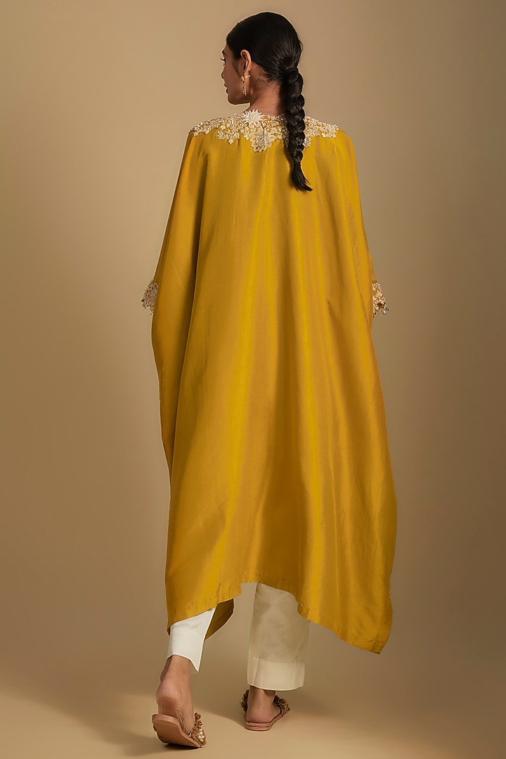 Mustard Silk 3D Floral Work Kaftan Set by Prisho at Pernia's Pop Up Shop