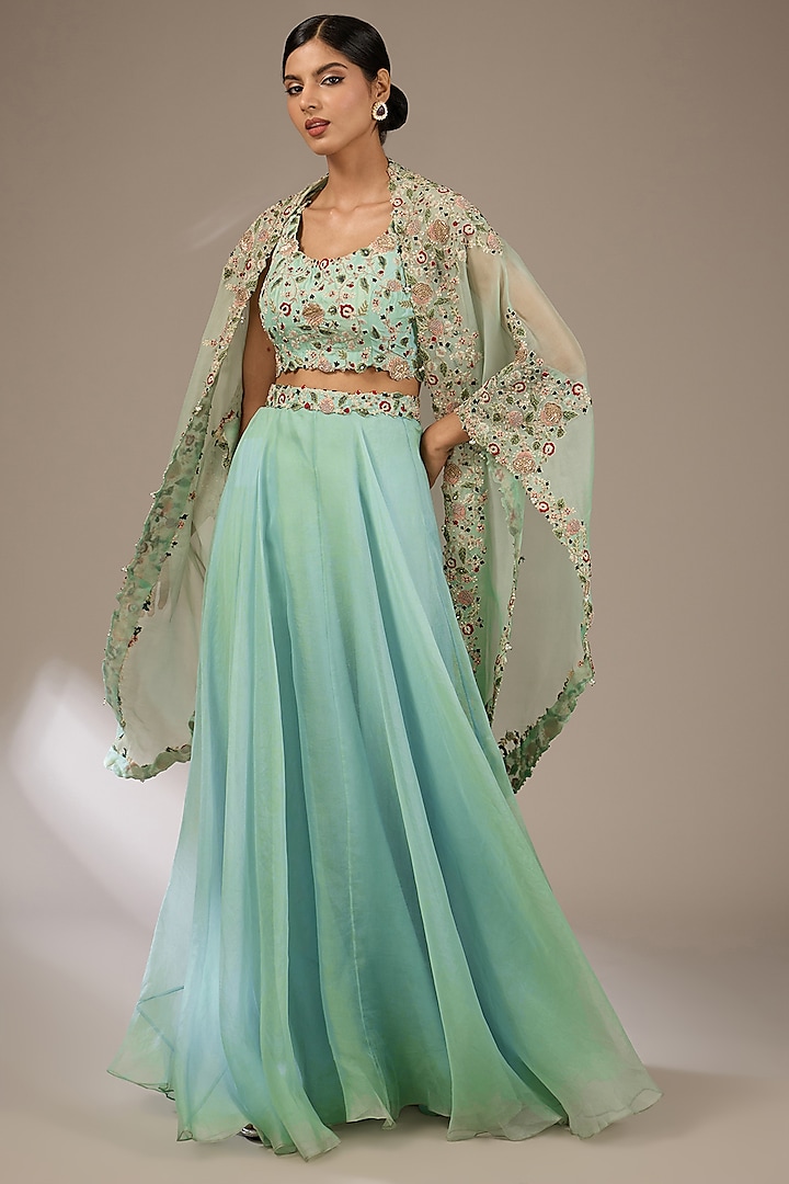 Aqua Blue Organza Resham Work Cape Set by Prisho at Pernia's Pop Up Shop