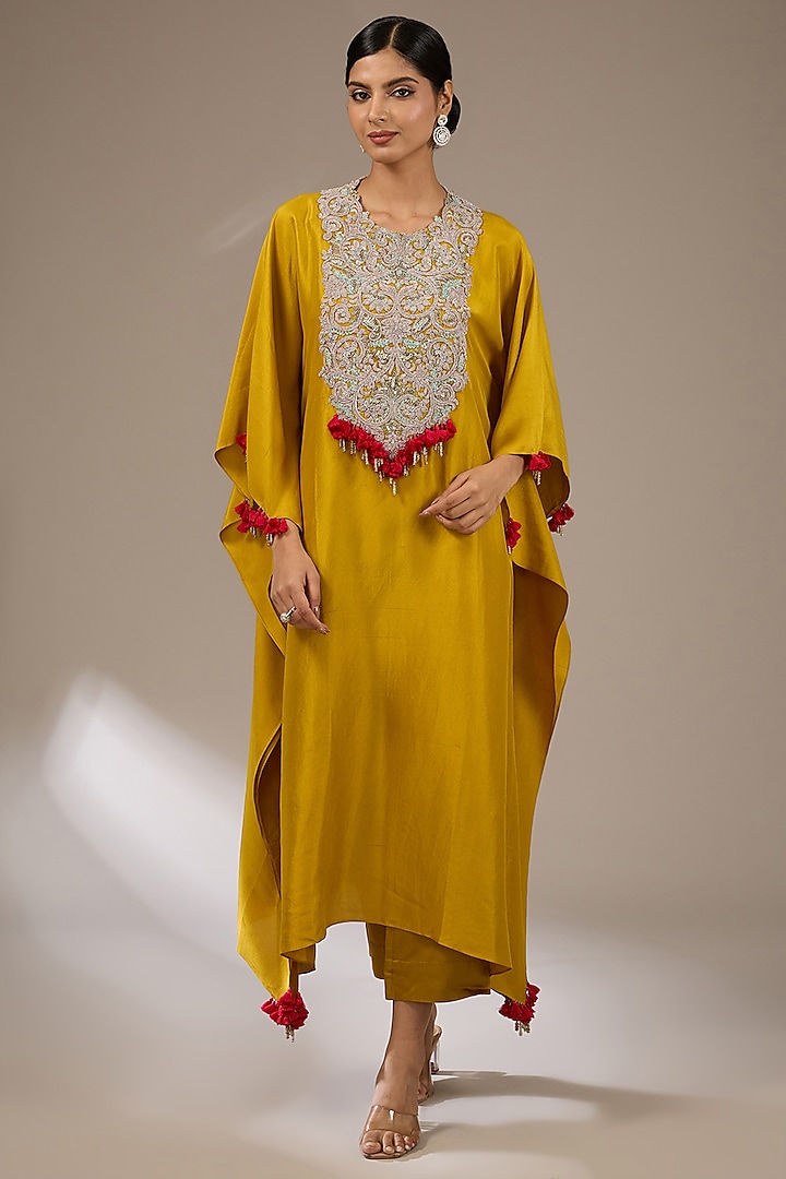 Mustard Silk Dori Work Kaftan Set by Prisho at Pernia's Pop Up Shop