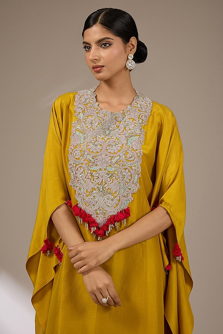 Mustard Silk Dori Work Kaftan Set by Prisho at Pernia's Pop Up Shop