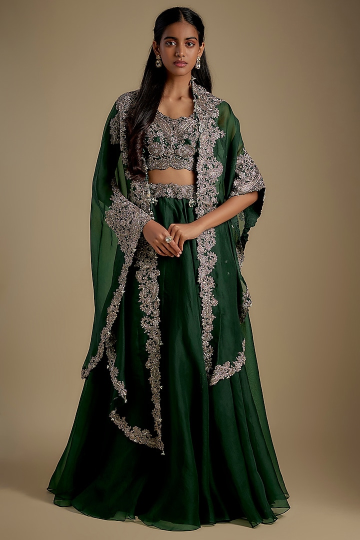 Bottle Green Organza Zari Embroidered Cape Set by Prisho at Pernia's Pop Up Shop