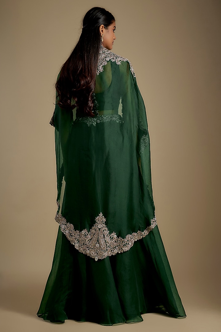 Bottle Green Organza Zari Embroidered Cape Set by Prisho at Pernia's Pop Up Shop