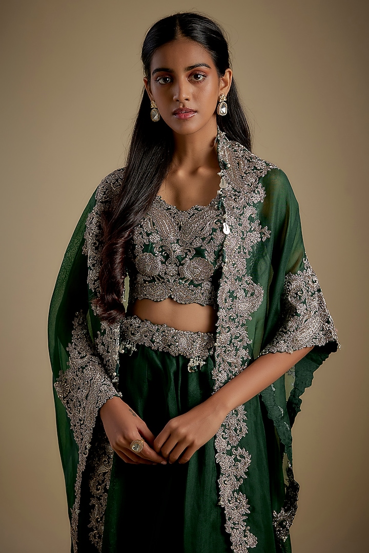 Bottle Green Organza Zari Embroidered Cape Set by Prisho at Pernia's Pop Up Shop
