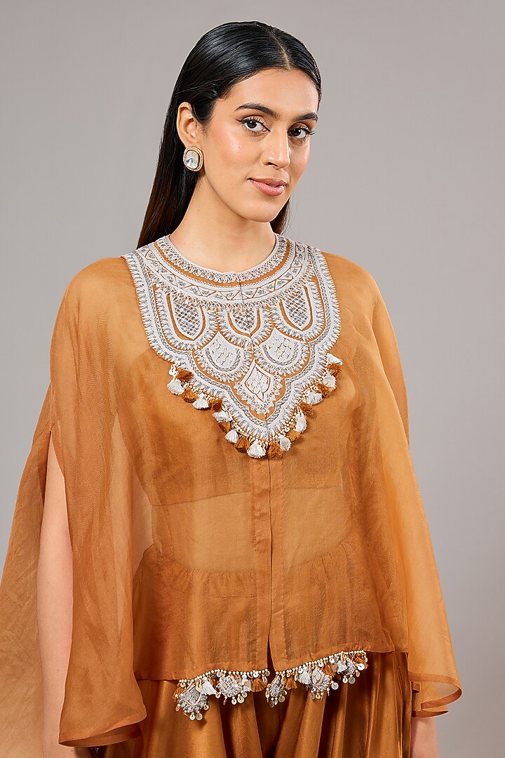 Orange Organza Resham Work Umbrella Kaftan Set by Prisho at Pernia's Pop Up Shop