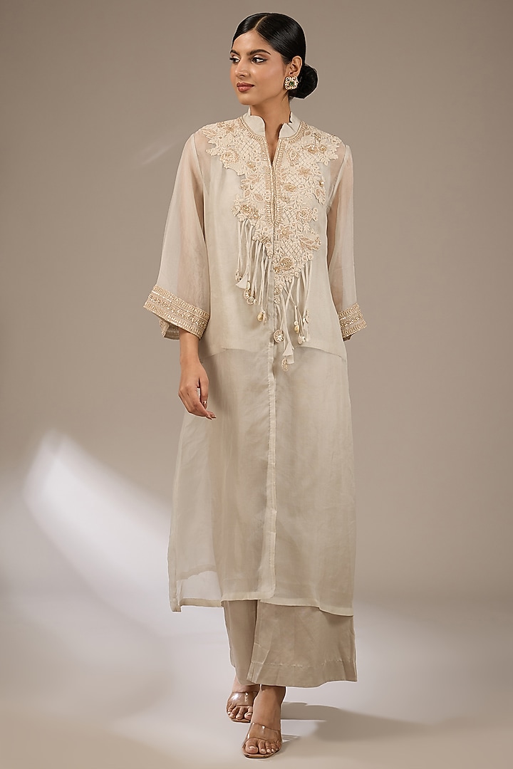 Ivory Organza Resham Work Jacket Set by Prisho at Pernia's Pop Up Shop