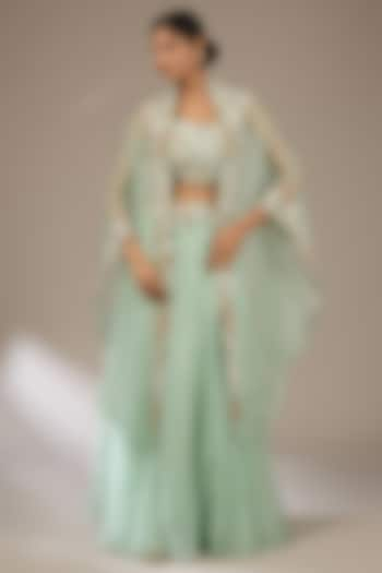 Aqua Blue Organza Thread Work Cape Set by Prisho at Pernia's Pop Up Shop