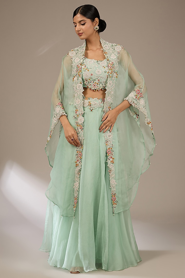 Aqua Blue Organza Thread Work Cape Set by Prisho at Pernia's Pop Up Shop