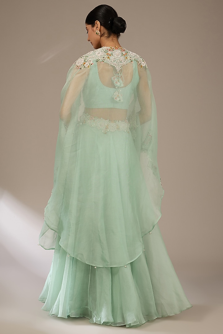 Aqua Blue Organza Thread Work Cape Set by Prisho at Pernia's Pop Up Shop