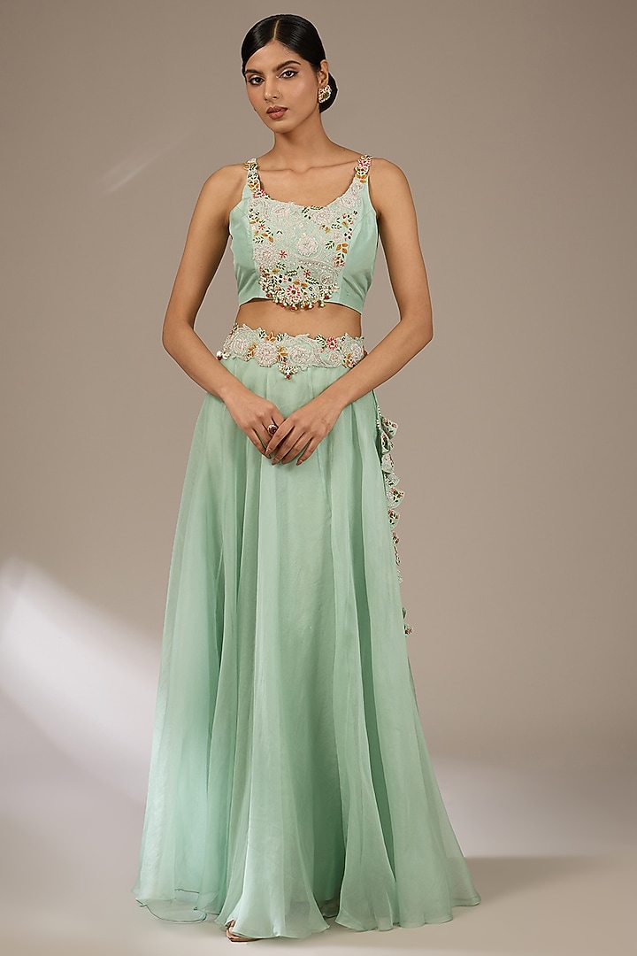 Aqua Blue Organza Thread Work Cape Set by Prisho at Pernia's Pop Up Shop
