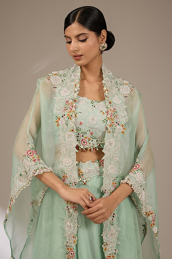 Aqua Blue Organza Thread Work Cape Set by Prisho at Pernia's Pop Up Shop