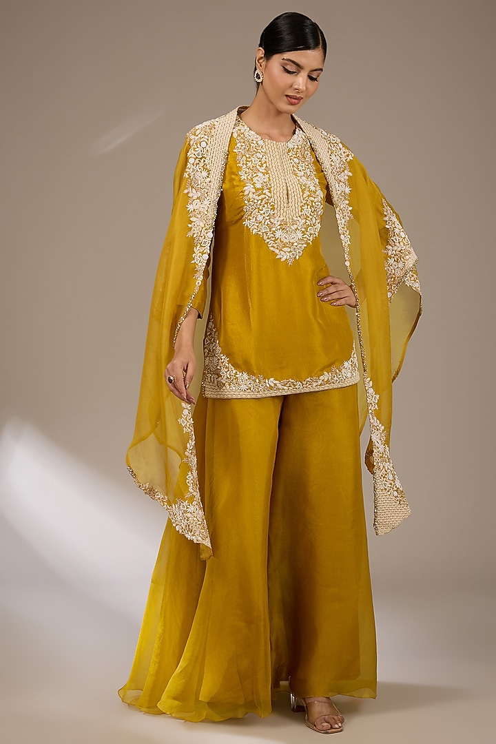 Mustard Organza Resham Work Cape Set by Prisho at Pernia's Pop Up Shop