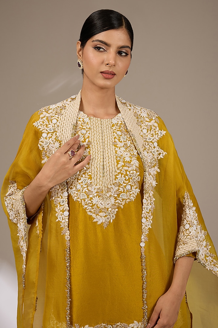 Mustard Organza Resham Work Cape Set by Prisho at Pernia's Pop Up Shop