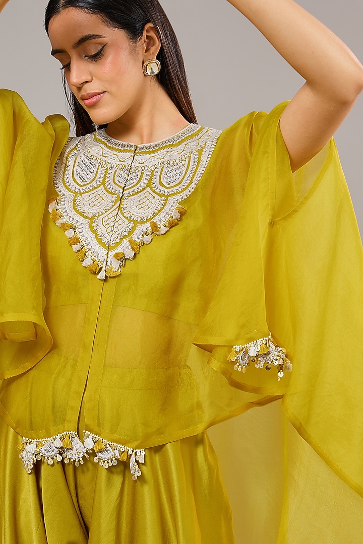 Mustard Organza Resham Work Umbrella Kaftan Set by Prisho at Pernia's Pop Up Shop