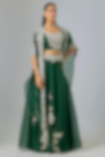 Bottle Green Organza Resham Work Cape Set by Prisho at Pernia's Pop Up Shop