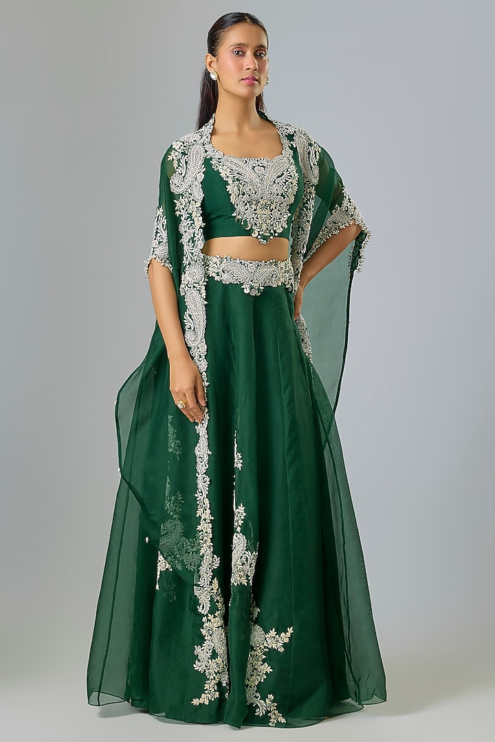 Bottle Green Organza Resham Work Cape Set by Prisho at Pernia's Pop Up Shop