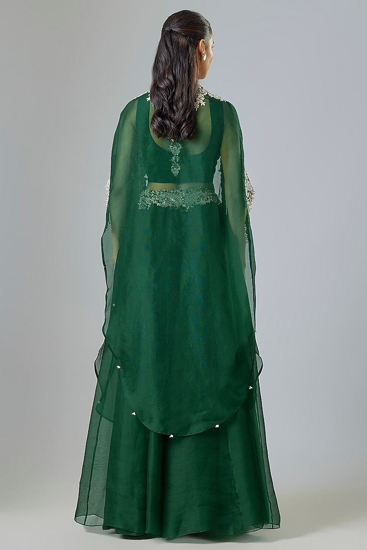 Bottle Green Organza Resham Work Cape Set by Prisho at Pernia's Pop Up Shop