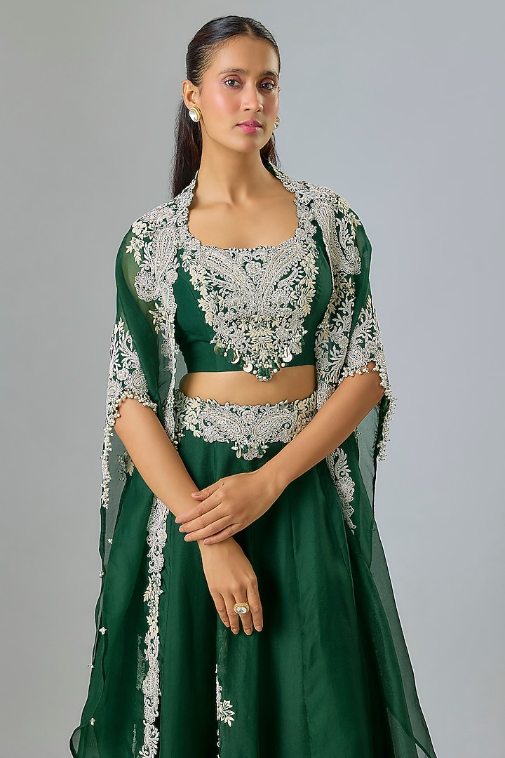 Bottle Green Organza Resham Work Cape Set by Prisho at Pernia's Pop Up Shop
