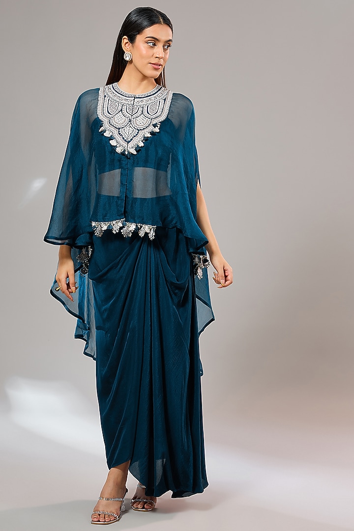 Blue Organza Resham Work Umbrella Kaftan Set by Prisho at Pernia's Pop Up Shop