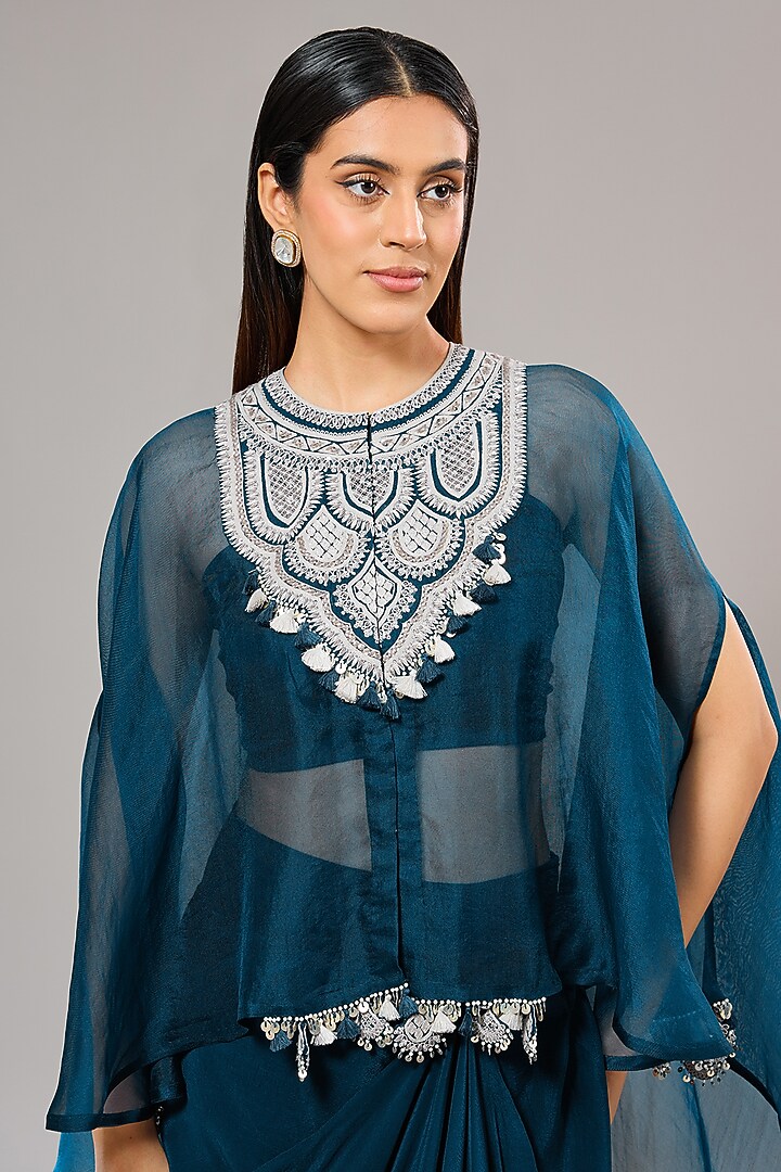 Blue Organza Resham Work Umbrella Kaftan Set by Prisho at Pernia's Pop Up Shop
