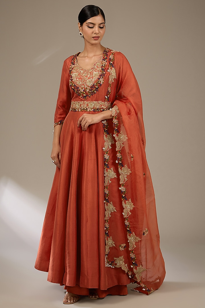 Deep Orange Silk Dori & Resham Work Bridal Anarkali Set by Prisho at Pernia's Pop Up Shop