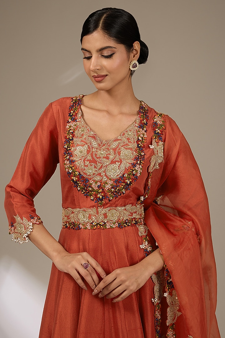 Deep Orange Silk Dori & Resham Work Bridal Anarkali Set by Prisho at Pernia's Pop Up Shop