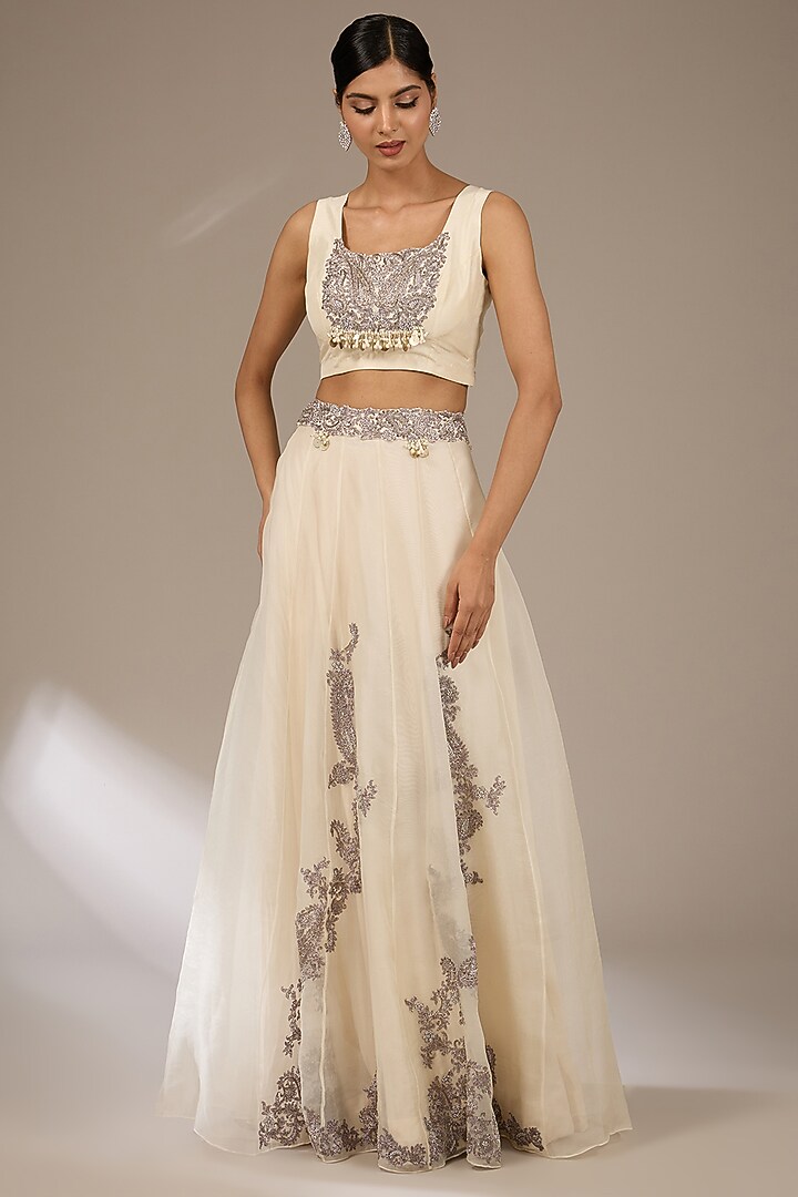 Ivory Organza Maal Work Cape Set by Prisho at Pernia's Pop Up Shop