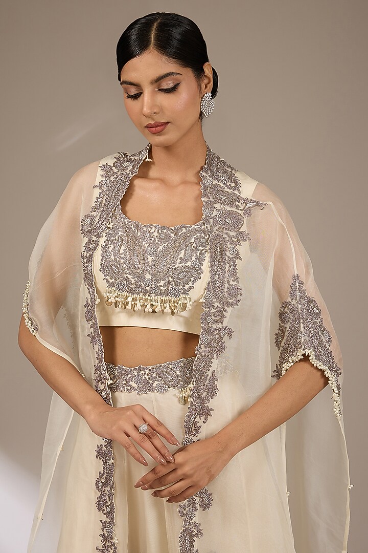 Ivory Organza Maal Work Cape Set by Prisho at Pernia's Pop Up Shop