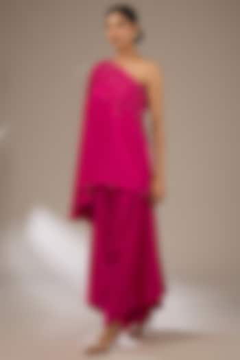 Fuchsia Pink Silk Resham Work One-Shoulder Cape Set by Prisho at Pernia's Pop Up Shop