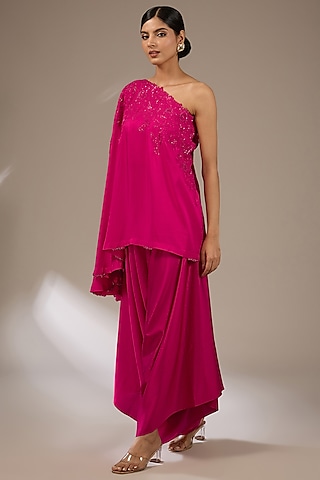 Fuchsia Pink Silk Resham Work One-Shoulder Cape Set by Prisho
