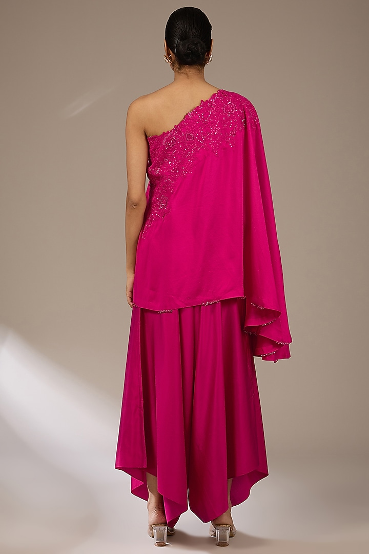Fuchsia Pink Silk Resham Work One-Shoulder Cape Set by Prisho at Pernia's Pop Up Shop