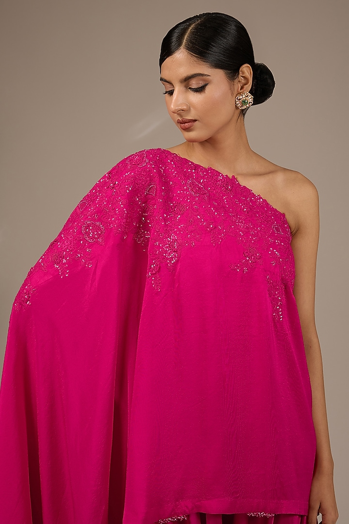Fuchsia Pink Silk Resham Work One-Shoulder Cape Set by Prisho at Pernia's Pop Up Shop