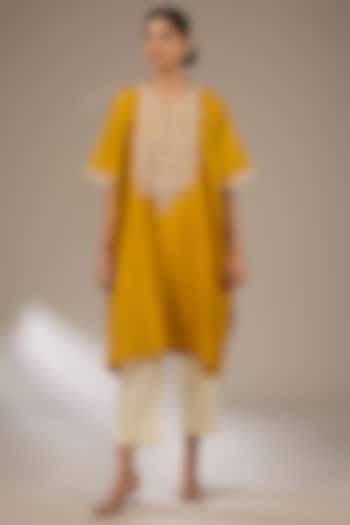 Mustard Silk Resham Work Kaftan Set by Prisho at Pernia's Pop Up Shop