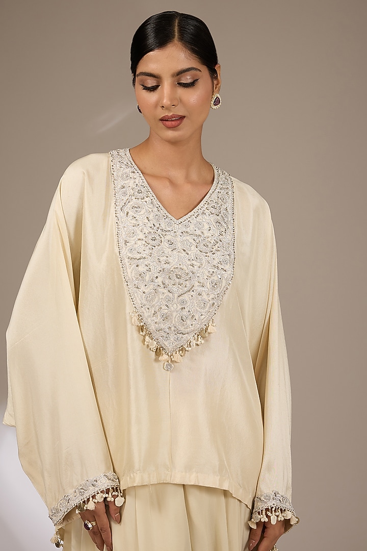 Ivory Silk Pitta Work Kaftan Set by Prisho at Pernia's Pop Up Shop