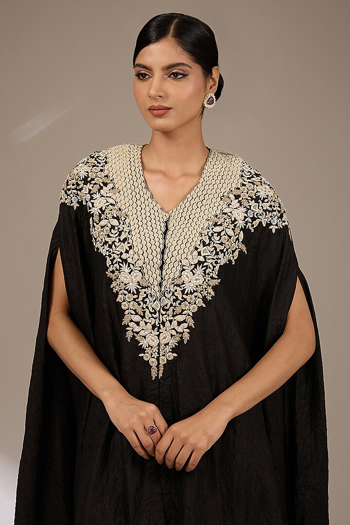 Black Silk Resham Work Kaftan Set by Prisho at Pernia's Pop Up Shop