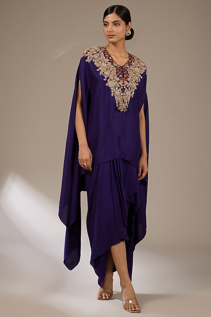 Dark Purple Silk Dori Work Kaftan Set by Prisho at Pernia's Pop Up Shop