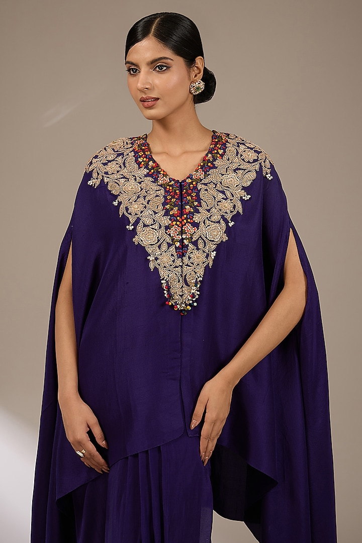 Dark Purple Silk Dori Work Kaftan Set by Prisho at Pernia's Pop Up Shop