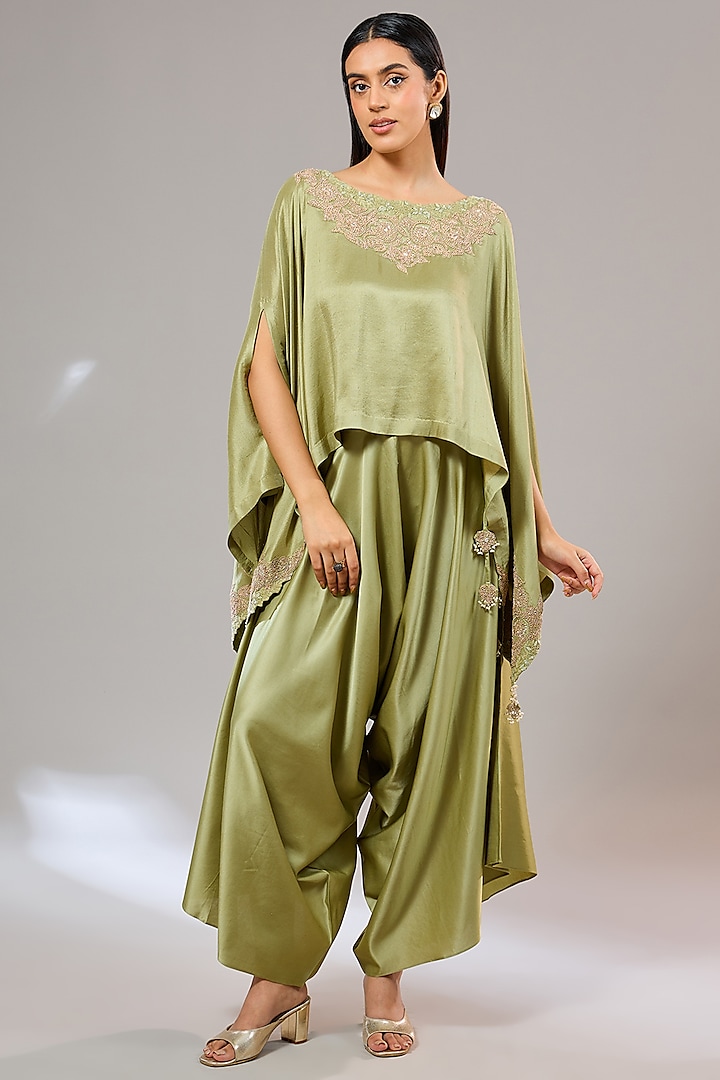 Sea Green Silk Dori Work A-Line Kaftan Set by Prisho