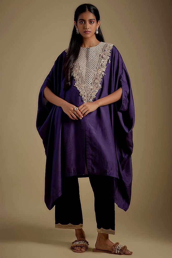 Dark Purple Habutai Silk Resham Work Kurta Set by Prisho at Pernia's Pop Up Shop