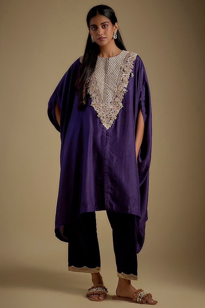 Dark Purple Habutai Silk Resham Work Kurta Set by Prisho at Pernia's Pop Up Shop
