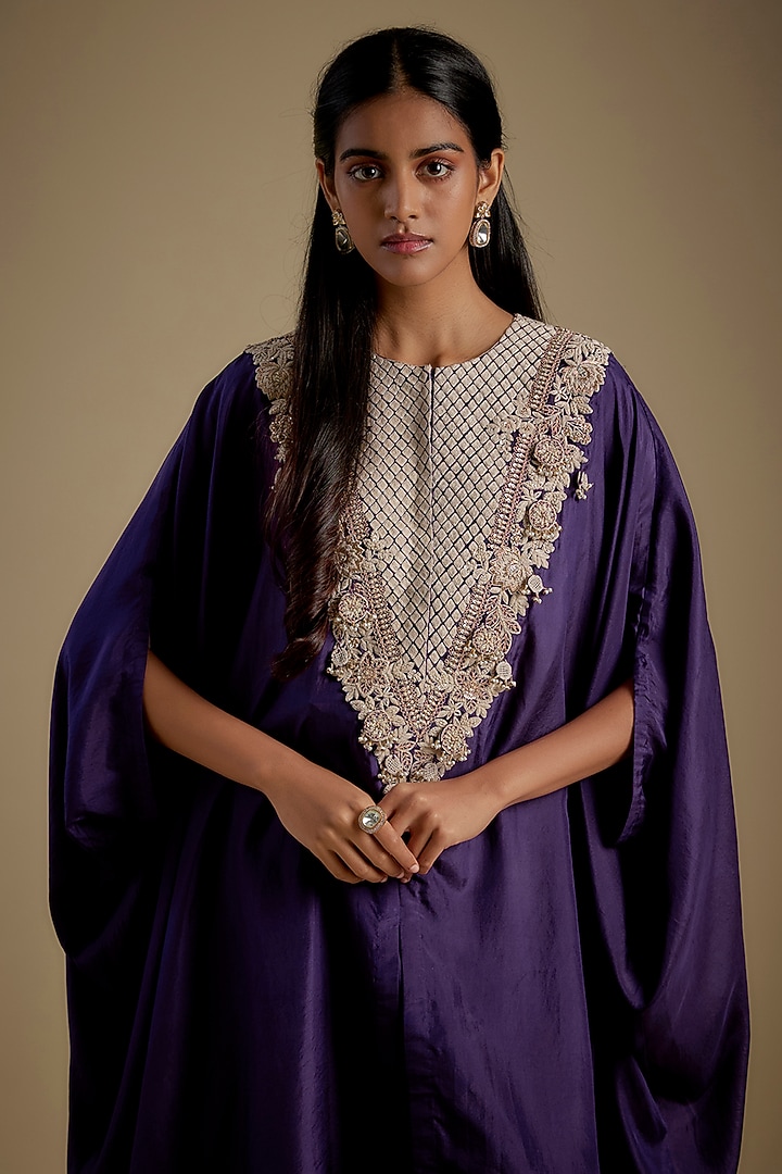 Dark Purple Habutai Silk Resham Work Kurta Set by Prisho at Pernia's Pop Up Shop